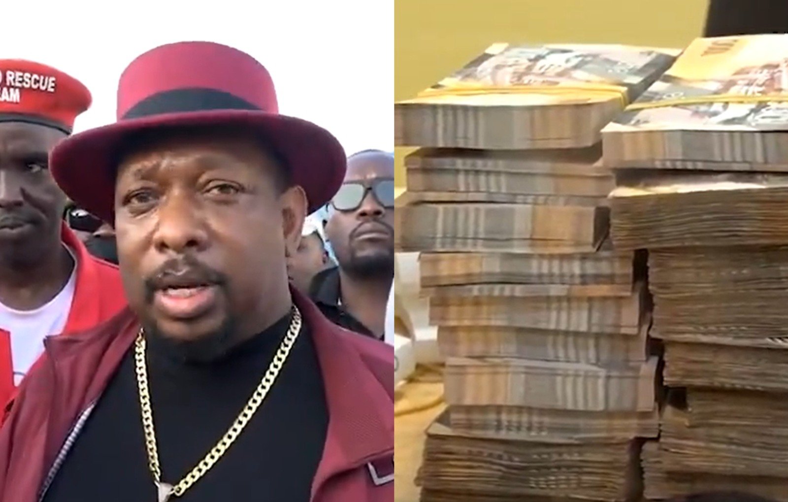Collage photo of Mike Sonko and bundles of cash.